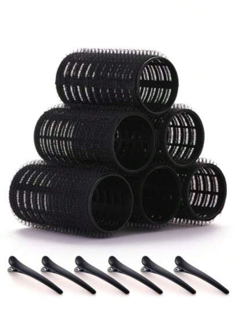 12pcs/Set Black Hair Curlers, Includes 6 Curlers And 6 Plastic Clips, Home DIY Hair Styling Tools - Multicolor - View 1