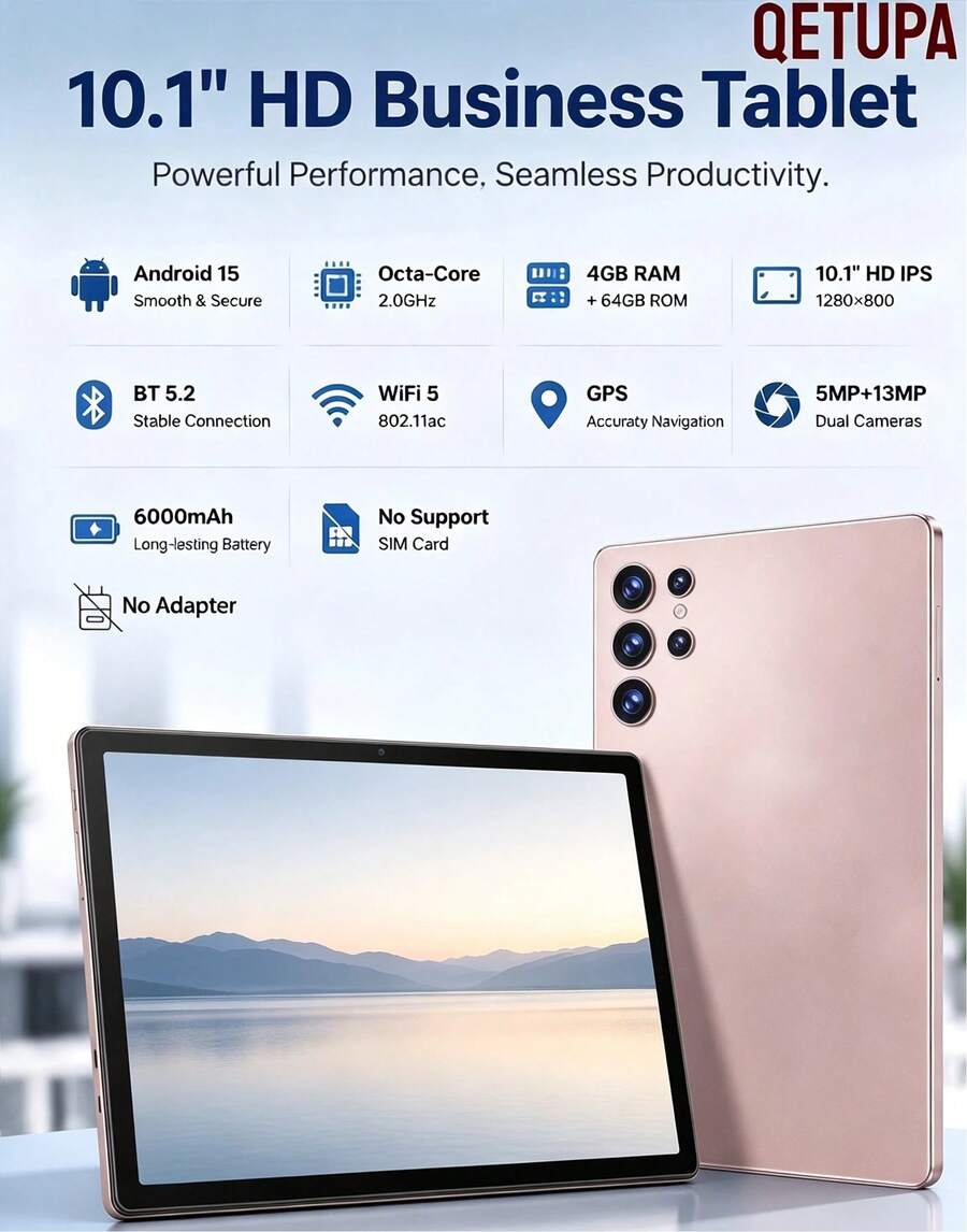 Qetupa 10.1 Inch Android 15 Tablet, 4GB RAM 64GB ROM Octa-Core 2.0GHz, 1280*800 HD IPS Touchscreen, Bluetooth 5.2 WiFi5 GPS, 5MP+13MP Dual Camera, 6000mAh Large Battery, No SIM Card Slot, Adapter Not Included - Rose Gold - View 1