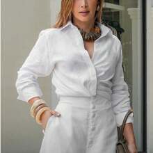 White Linen Front Cross Shirt, Women's Casual Long Sleeve Button Detail Top - White - View 9