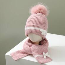 2pcs/Set Kids Hat & Scarf Set, Autumn/Winter Thermal Lined Thick Bow Knot Pom Pom Knit Hat For Boys And Girls - 1PC - View 3