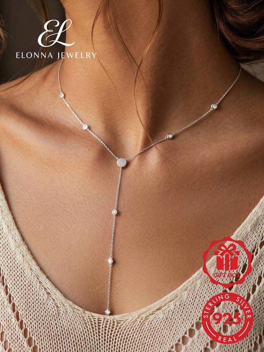 1件 925純銀鋯石圓形Y型吊墜項鍊,創意獨特女性珠寶飾品 - 銀色 - 查看 1