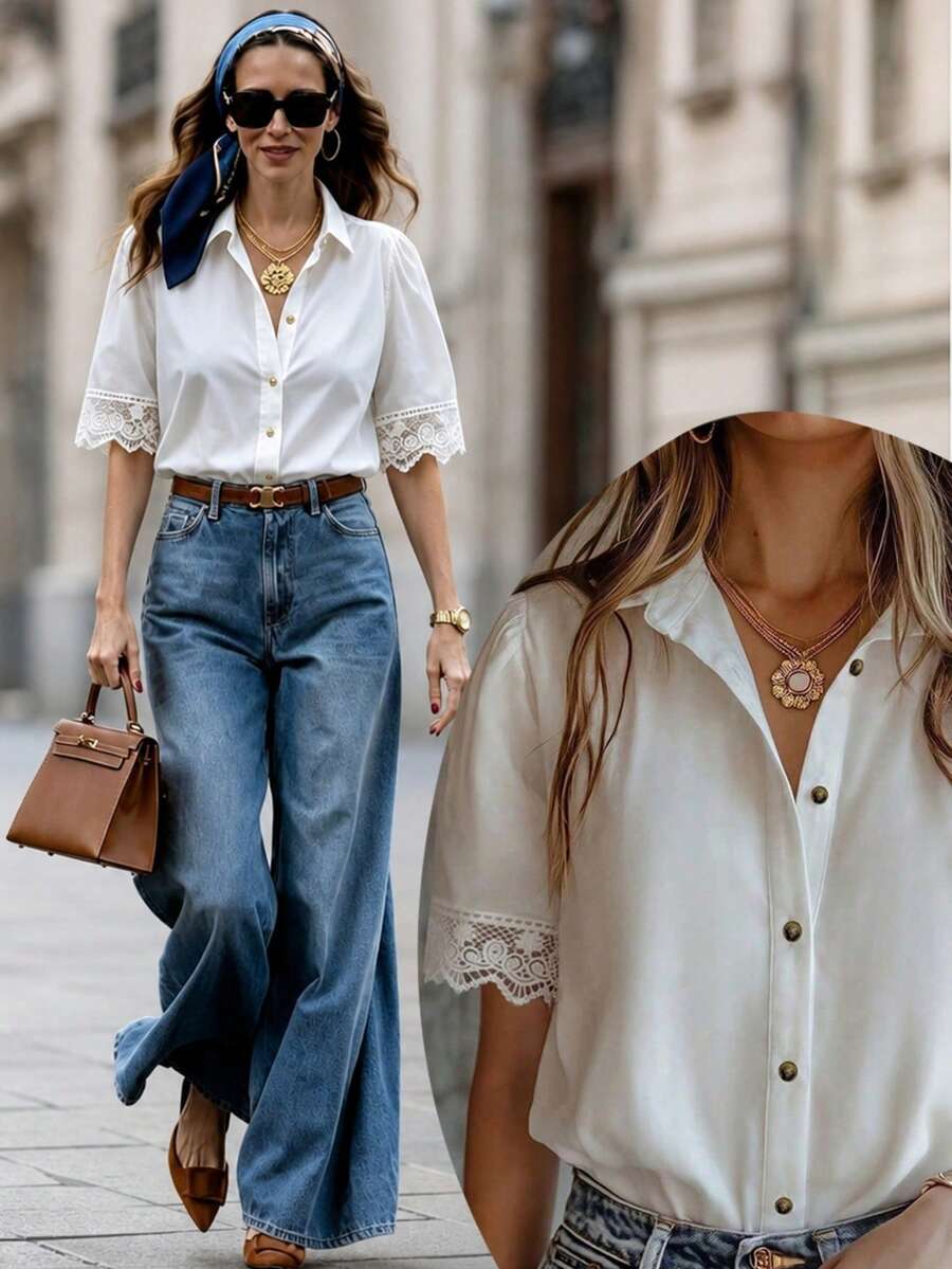Women's White Button-Front Shirt With Contrast Lace Short Puff Sleeves, Shirt Collar, Regular Length Polyester Blouse Summer - White - View 1