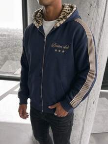 American Vintage Y2K Leopard Print Zip-Up Cardigan, Side Stripe With Five-Star Small Embroidery, Oversized Hip-Hop Commuter Jacket - Navy Blue - View 4