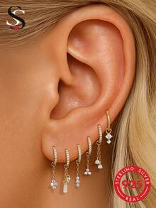 SereneSpark 1pc Moon & Star Pendant, Starry Sky Earring, Inlaid With Small Diamonds, Delicate Ear Cartilage Piercing Pendant - Gold - View 1