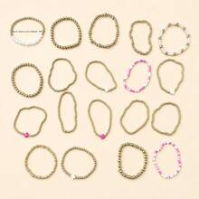 Women's Gold Tone Beaded Bracelet Set, Faux Pearl & Pink White Cross Charm Stretch Bracelets, Stackable Boho Jewelry For Daily Wear, Vacation & Party - Gold - View 3
