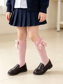 4 Pairs Kids Bow Decor Mid-Calf Socks, Suitable For Girls All Season, School Uniform Performance Socks, European British Academy Style Solid Color Double-Needle Ribbed Socks - Multicolor - View 8