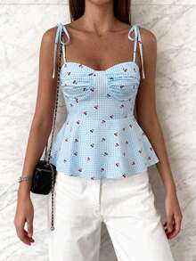 Women's Plaid Cherry Print Spaghetti Strap Ruched Front Waist-Defined Ruffle Top, Fashion Versatile Bandeau Cami For Party And Vacation, Spring Summer - Multicolor - View 3