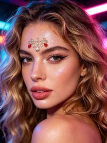 1 pieza Pegatina de cristal de estilo bohemio para la cara, cristal rojo en forma de lágrima + cristal transparente, pegatina de cristal autoadhesiva para la cara, adecuada para festival de música, carnaval, fiesta de disfraces, Halloween, fiesta temática - Multicolor - Ver 3