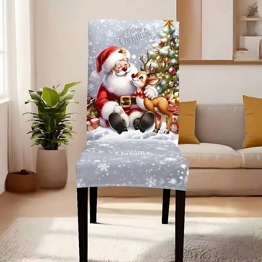 1/2/4/6/8/36Pcs Christmas Chair Covers, Print With Santa Claus Hugging Reindeer, Snow‑Dusted Xmas Tree, Gift Boxes And "Merry Christmas" Lettering, Elastic Washable Dining Chair Slipcovers For Home Hotel Xmas Party Gift