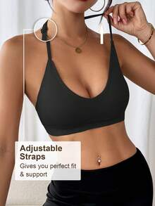 2pcs Seamless Ribbed Openback V‑Neck High Stretch Sports Bra, Removable Pads Fitness Tank Top, Soft Comfortable Breathable Yoga Bra - Black - View 5