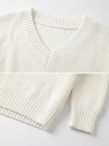Wixra Women's V-Neck Textured Knit Sweater, Dropped Shoulder Long Sleeve Loose White Pullover - White - View 9