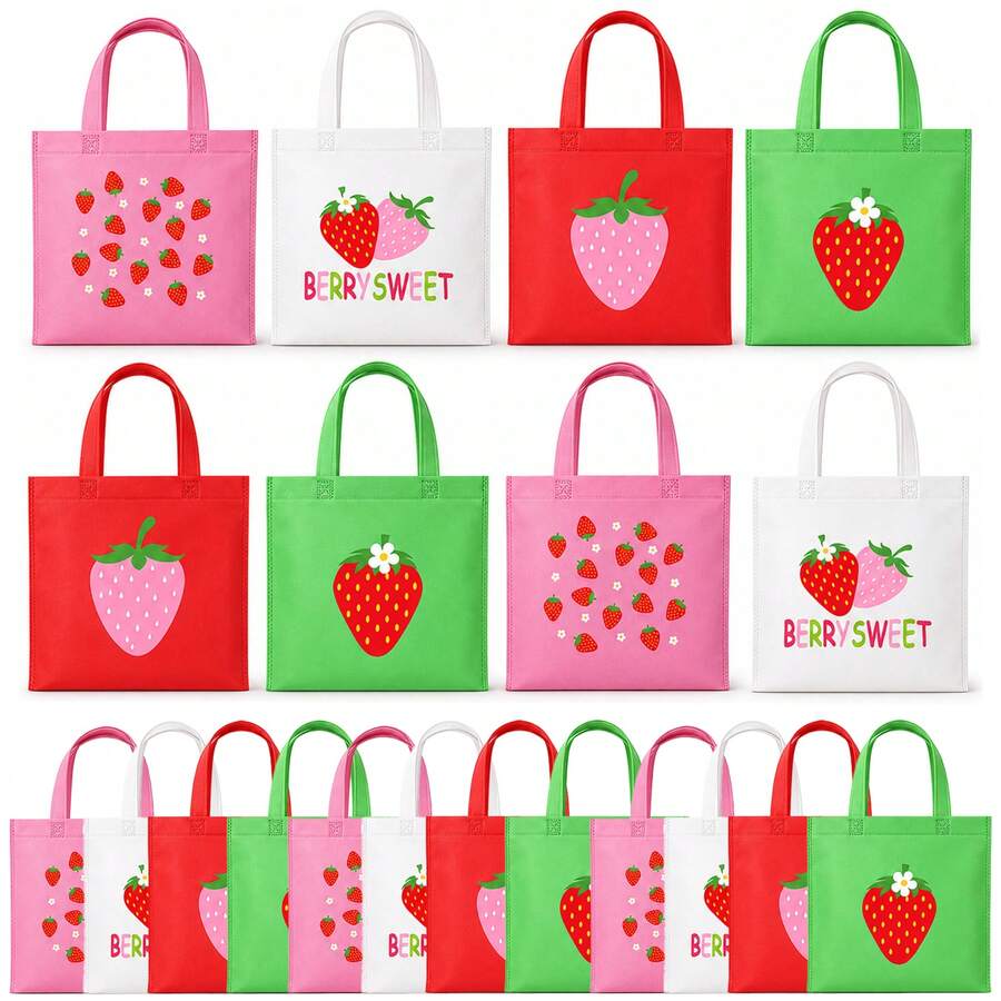 20 Pack Strawberry Party Favor Bags, 4 Designs 7.9 X 7.9 Inch Non-Woven Gift Tote Bags With Handles, Berry Sweet Bags For Birthday Party, Summer Party, Gift Wrapping - 20x20cm - View 1