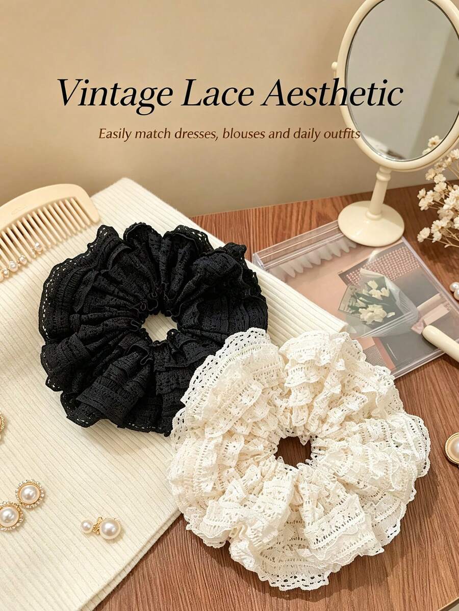 1pc/2pcs Sweet Lace Double Layer Large Scrunchie Black White Elegant ...