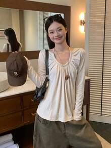 Women's Halter Neck Square Shoulder Long Sleeve T-Shirt Autumn Top - Apricot - View 6
