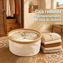 Round Oxford Cloth Underwear Organizer With Natural Bamboo Frame, 3-Compartment Storage Box For Socks And Lingerie, Diameter 30x9 Cm - 米色 - 查看 6