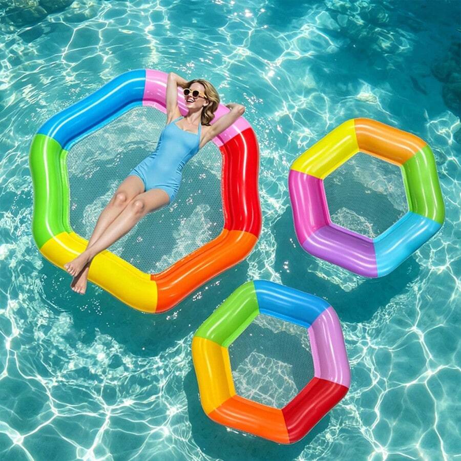 PVC Hexagonal Mesh Water Floating Mat, Color‑Block Inflatable Pool Floating Lounge For Outdoor Water Leisure Relaxation - Multicolor - View 1