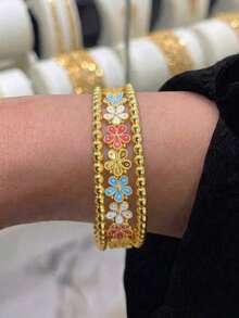 5-Piece 21K Gold Plated Banajer Bangle Set, Rust-Resistant Gold Alternative Colorful Enamel Flower Beaded Ball Stackable Bracelet Fine Jewellery - Floral Combination Bracelet - View 5