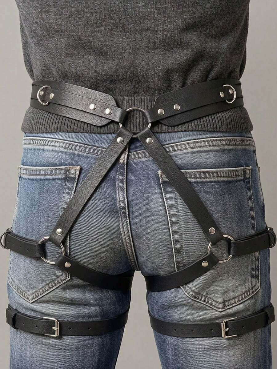 Men's Punk Gothic Body Harness Wide Waist Leg Garter Adjustable Metal O-Ring Rivet Buckle Outdoor Street Style Motorcycle Club Outfit Accessory - Black - View 1