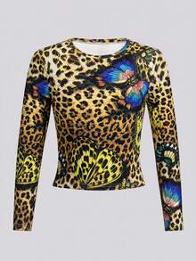 Women's Y2K Leopard Print Butterfly Patchwork Fitted Long Sleeve Top, Vintage Round Neck Slim Fit Layering Shirt - Yellow - View 4