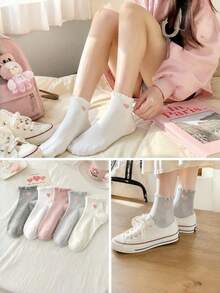 5 Pairs Women's Korean Style Minimalist Coffee Color Heart Pattern Non-Slip Breathable Lace Summer Short Socks, Breathable Casual Short Socks, Soft Comfortable Daily Wear Short Socks, Random Color - Multicolor - View 7
