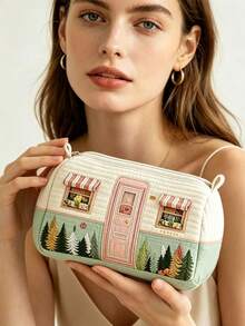 Cottagecore Faux‑Embroidery Quilted Cosmetic Bag Camping Bus Print Portable Toiletry Bag,Multi‑Use For Small Item Storage,School & Travel Essentials - Multicolor - View 9
