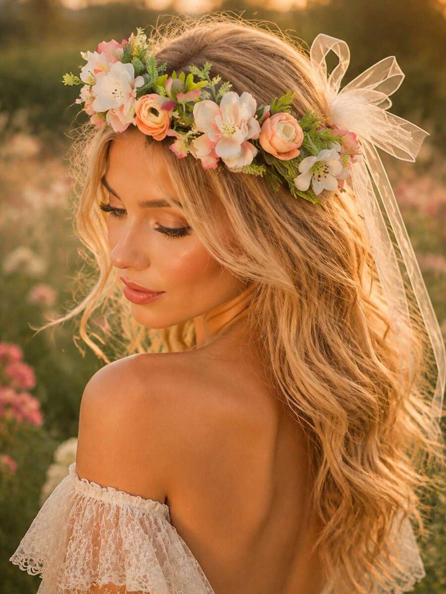 KOVLYNE 1 Peça Tiara Romântica com Guirlanda Floral Rosa e Fita de Organza, Acessório de Cabelo Estilo Boêmio para Casamento e Festival - Rosa chiclete - Visão 1