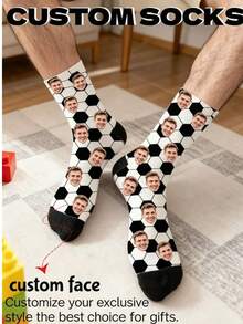 1 Pair Customized Face Socks, Personalized Photo Print Mid-Calf Socks, Unique Custom Gift, Suitable For Birthday, Anniversary, Valentine's Day, Football Fans - Multicolor - View 2