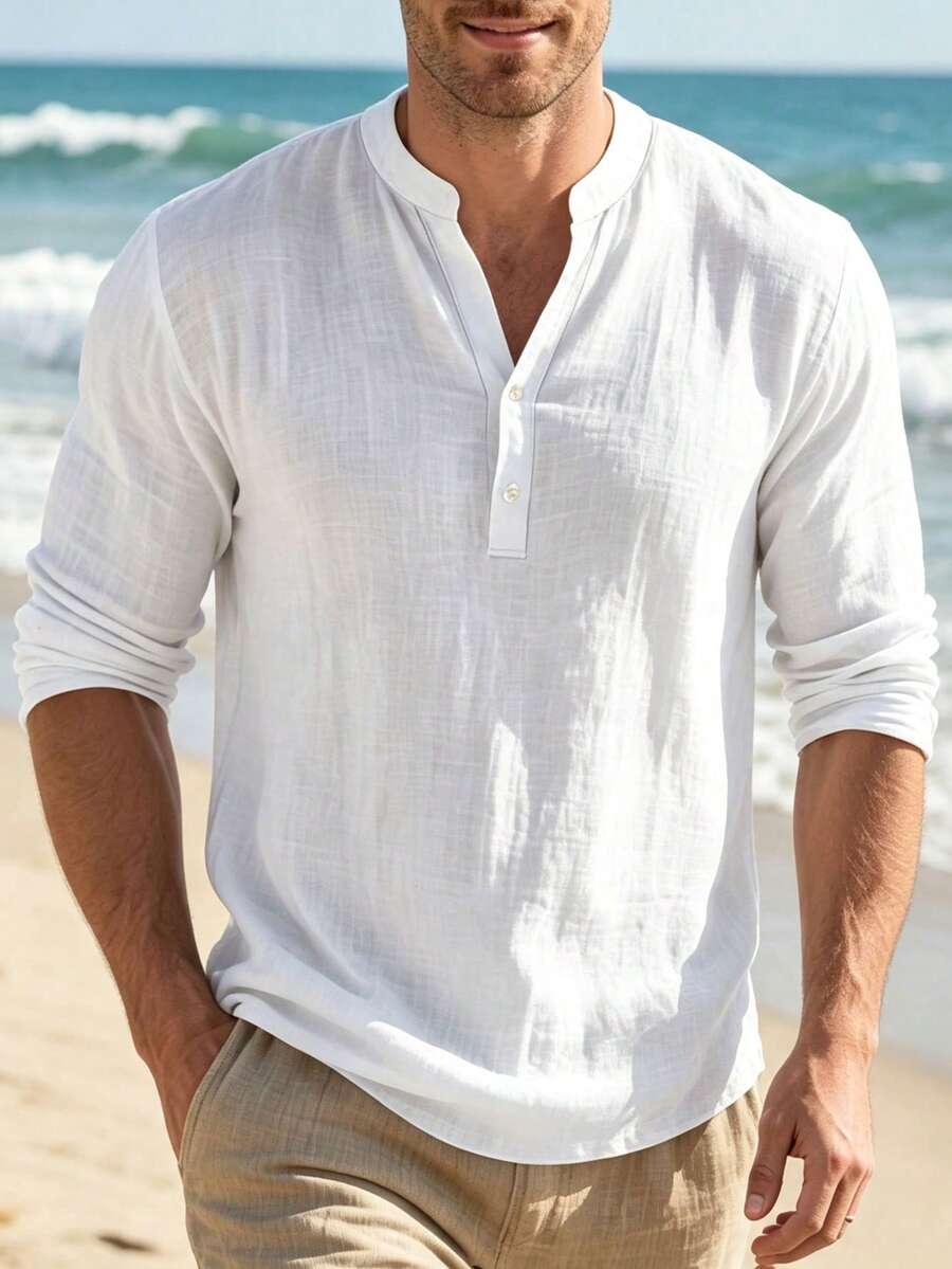 Kemeja Polo Lengan Panjang Pria Bahan Linen dengan Kerah Tegak, Atasan Kasual Putih Polos Bertekstur, Kancing Setengah Plaket 2 Buah, Cocok untuk Liburan Pantai dan Pemakaian Sehari-hari - Putih - View 1