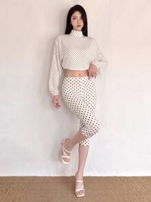Top Dazzle Fashion Women's White Polka Dot High Neck Crop Top And Mid-Calf Leggings Two Pieces Matching Set - White - View 2