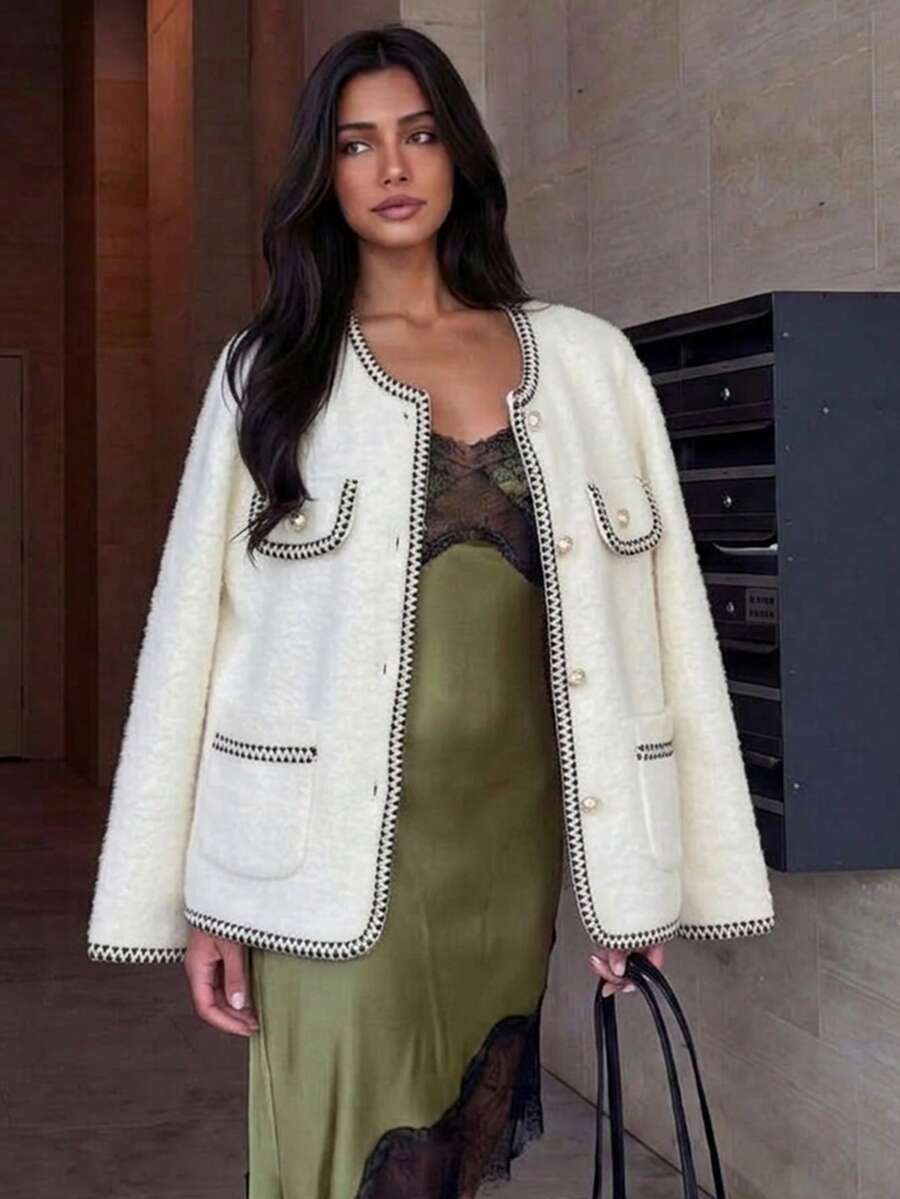 Elegant Women's Ivory Knit Cardigan With Long Sleeves, Round Neck, Contrast Piping, Patch Pockets, And Button Front For Fall And Winter Outfits