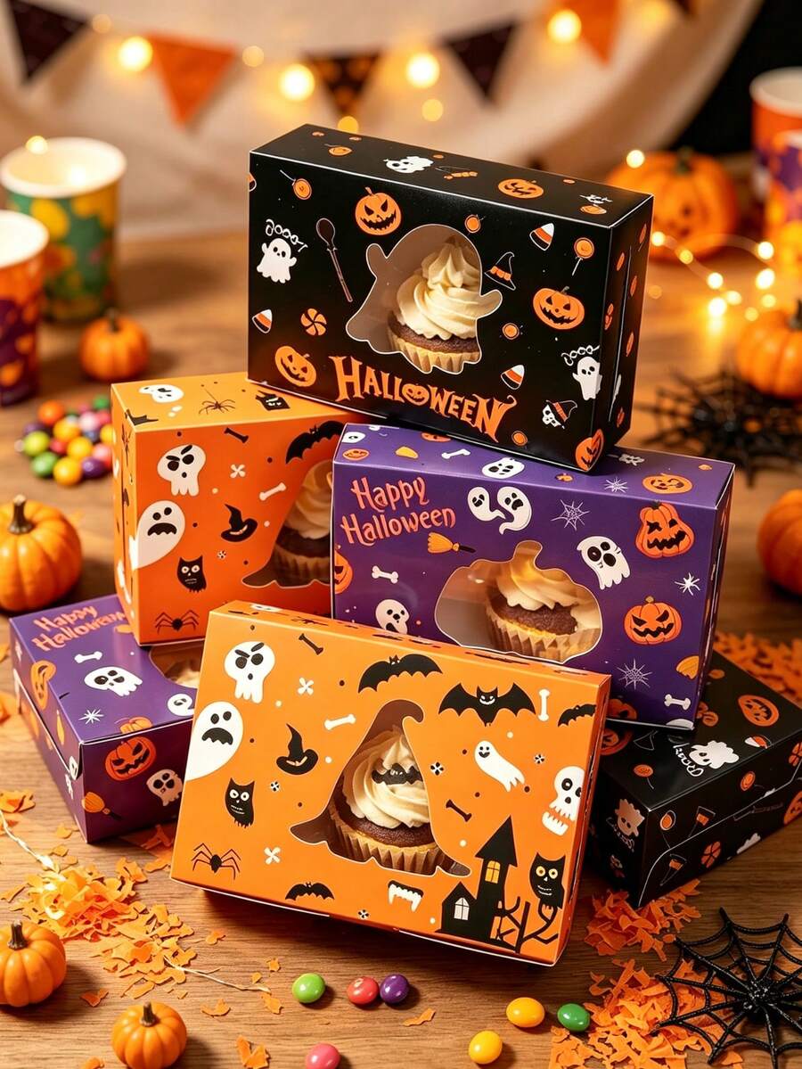 6pcs Cartoon Halloween Cupcake Boxes Gift Boxes, Halloween Party Candy Cookie Packaging Boxes, Party Decorations, Halloween Decor 2026, Tabletop Decor, Halloween Party Supplies, Birthday Party Decorations, Winter Holiday Decor, Christmas Back To School