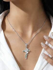 1pc Mori Style Vintage Peace Dove Olive Branch Cross Necklace, Faith Gift For Women, Collarbone Chain - Necklace 74767 - View 3