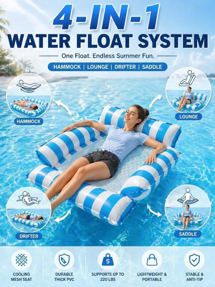 chongqishuishangfuchuang Adult Inflatable Pool Float, 4-In-1 Water Hammock Pool Float Chair With Cooling Mesh Seat, Portable Floating Lounge Raft For Pool, Lake, Beach, Hot Tub And Summer Vacation - Multicolor - View 1