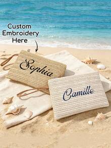 Personalized Embroidered Straw Handbag, Customized Bohemian Style Zipper Storage Bag With Wrist Strap And Zipper, Bridesmaid Makeup Bag, Summer Beach Vacation Clutch - Multicolor - View 4
