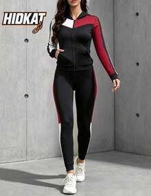 Hidkat Women's Fashion Solid Color Patchwork Hooded Zip-Up Cardigan Jacket With Pockets Long Sleeve And Yoga Sports Knit Set - Multicolor - View 1