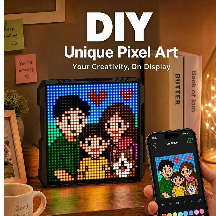 塗鴉動畫繪圖面板 LED 像素螢幕時鐘 RGB 夜燈 遊戲室裝飾 DIY 創意像素禮物 24x48 - 黑色 - 查看 1