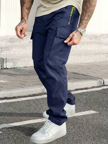 2pcs Men's Long Pants, Spring/Autumn Solid Color Sports Multi-Pocket Outdoor Cargo Pants, Straight Leg Zipper Sports Pants - Royal Blue - View 2