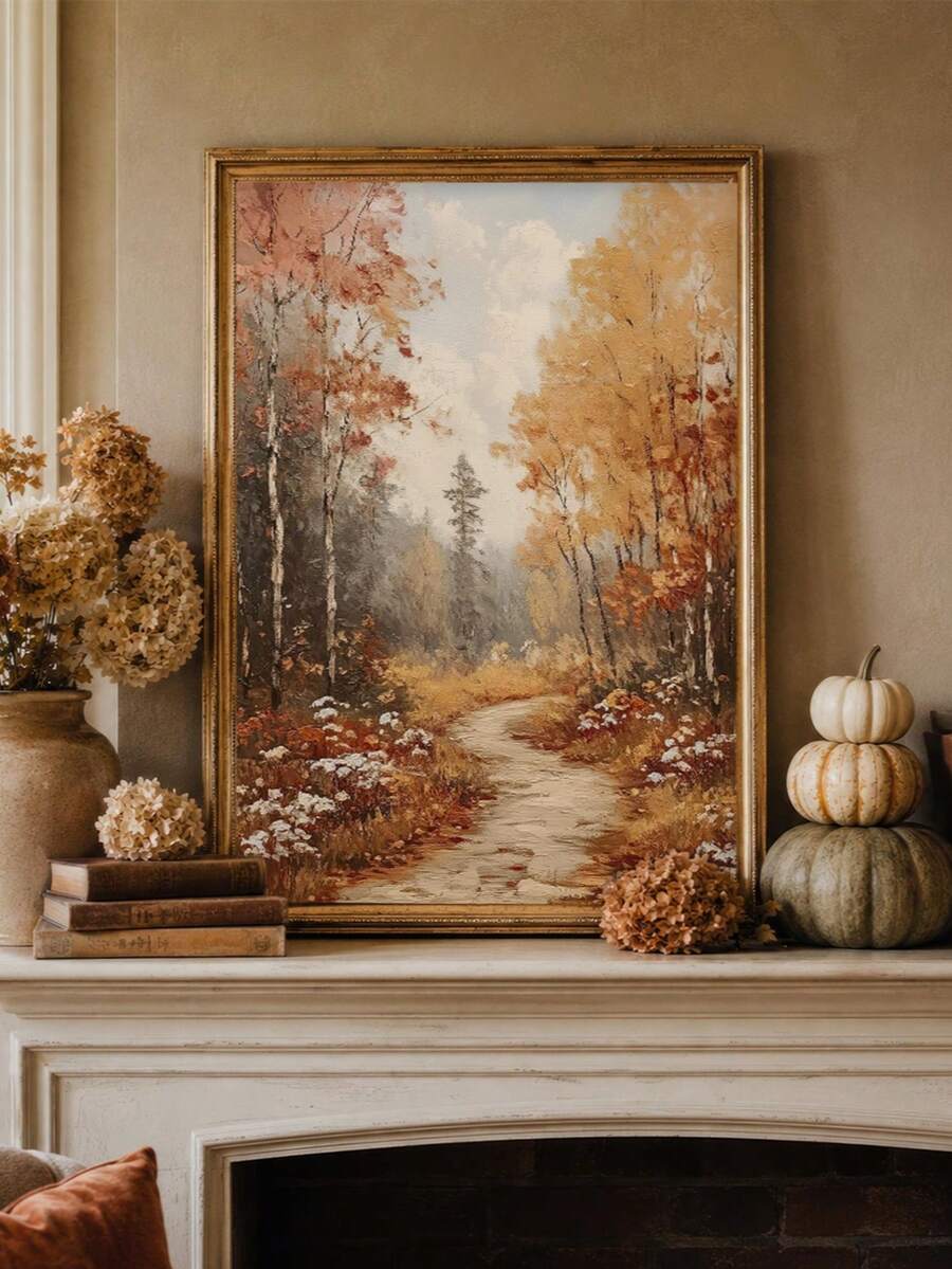 1pc Canvas Wall Art, Framed Wall Decor, Vintage Autumn Forest Path Landscape Canvas Wall Painting, Rustic Autumn Birch Tree Landscape Oil Painting Style Wall Hanging, Suitable For Modern Home Decor, Room Decor, Dorm Decor, Bedroom Decor, Bathroom Decor, Kitchen Decor, Dining Room Decor, Living Room Decor, Office Decor, School Decor, Classroom Decor, Back To School Decor, Autumn Decor, Autumn Poster, Waterproof Poster - A - View 1