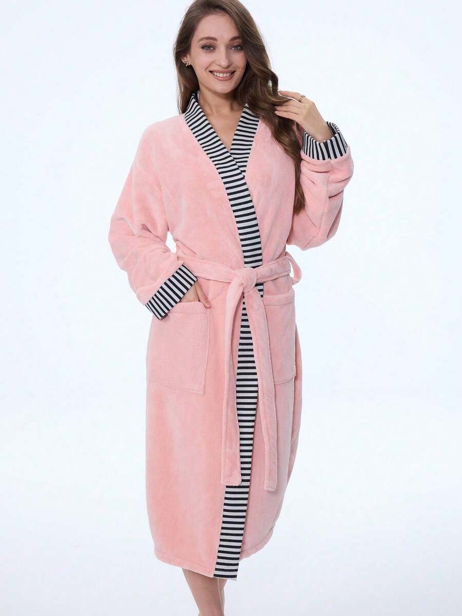 1pc Plus Size Oversized Sexy Minimalist Couple Bathrobe With Pockets, Coral Fleece, Absorbent - Watermelon Pink - View 1