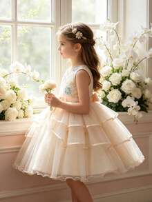 Young Girl Embroidered Puff Princess Dress, Girls Dress For Wedding Flower Girl, Birthday Party, Holiday, Performance, Little Formal Dress - Champagne - View 2