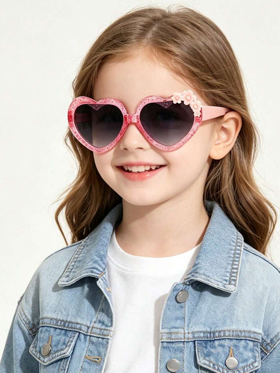 1 Pair Girls Heart‑Shaped Glitter Fashionglasses With Flower Decor ...