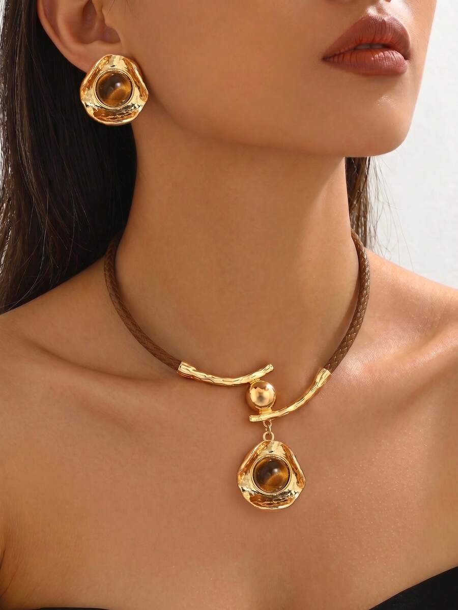 2pcs/Set Fashion Asymmetrical Hammered Metal Tiger Eye Stone Pendant Necklace & Stud Earrings Set, Versatile Jewelry Set For Women Daily Commute, Party, Gathering - Set - View 1