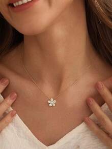 14K Gold Plated Delicate Flower Pendant Necklace, Sparkling CZ Cherry Blossom Necklace, Elegant Minimalist Women's Daily, Date, Party Wear Jewelry - Gold - View 3