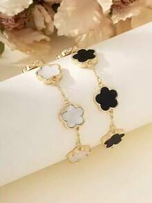 2pcs/Set Fashion Classic Style Bracelet | Black & White Lucky Clover Bracelet Combination | Suitable For Daily Wear And Gifting, Couple Gift - Multicolor - View 5