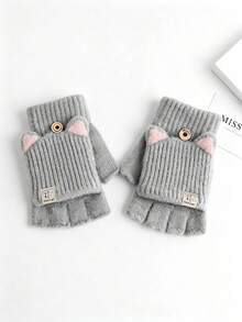 1 Pair Winter Flip-Finger Cat Ear Gloves, Windproof Warm Flip-Cover Hand Gloves, Casual Solid Color Five-Finger Gloves Suitable For Cold Weather - Multicolor - View 12