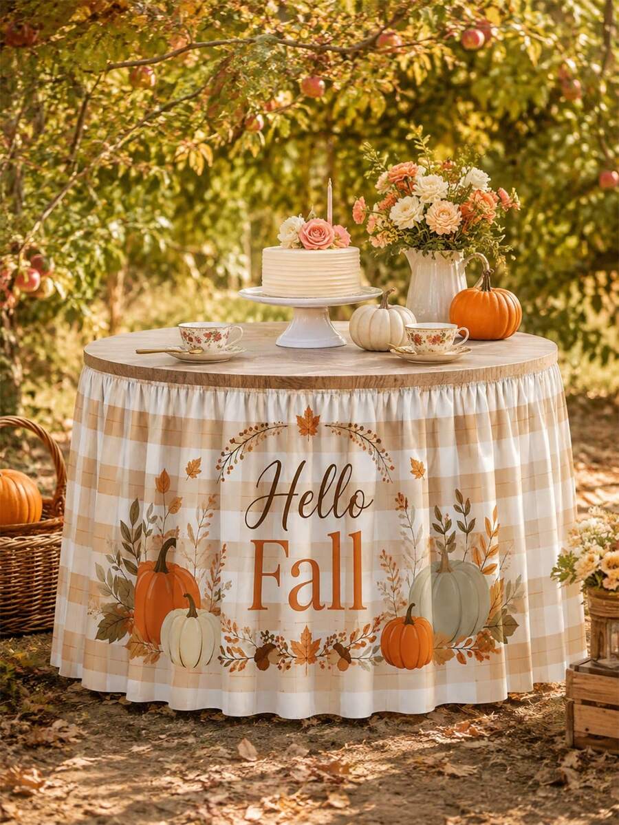 1PC Hello Fall Pumpkin Table Skirt, Cream Beige Farmhouse Polyester Ruffled Rectangular Table Cover With Autumn Wreath Maple Leaves Acorn & Orange Green Pumpkin Print, Seasonal Buffet Table Decor For Thanksgiving, Kitchen & Harvest Party - Multicolor - View 1