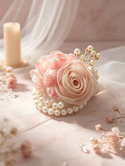 1pc Women's Light Pink Floral Wrist Corsage With Pink Rose Decoration, Elegant Fairy Style, Beaded Decor, Bridal Bridesmaid Wedding Wristband, Sisterhood Party, Cocktail, Gathering, Dance, Party