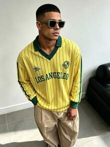 WAIT HIM Kemeja Polo Pria Bergaris dengan Cetakan Huruf, Gaya Kasual Modis, Cocok untuk Musim Semi dan Gugur - Kuning - View 1