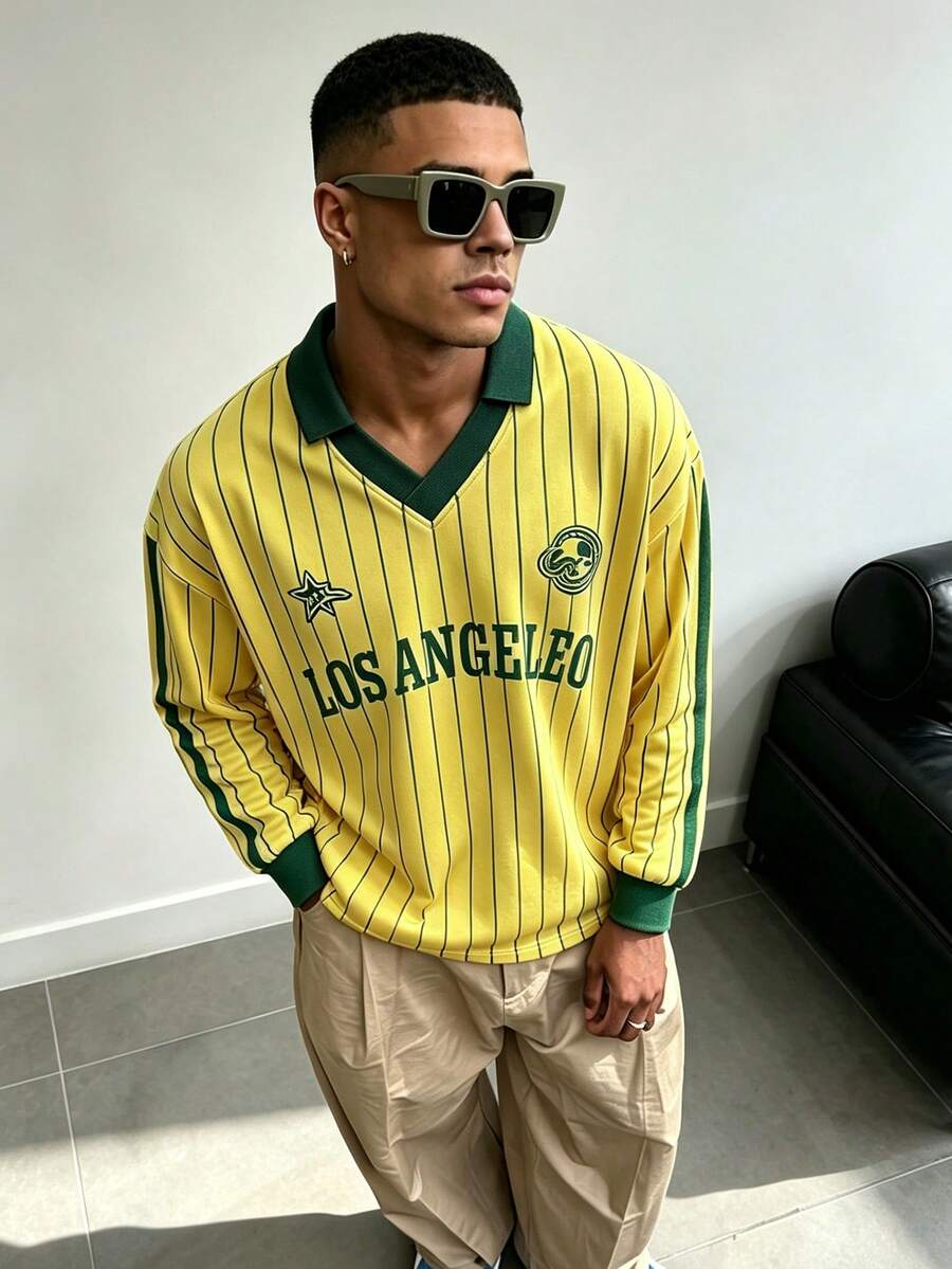 WAIT HIM Kemeja Polo Pria Bergaris dengan Cetakan Huruf, Gaya Kasual Modis, Cocok untuk Musim Semi dan Gugur - Kuning - View 1