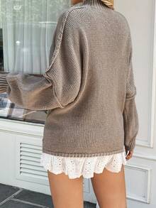 Women's Loose Knit Pullover Sweater, High Neck Long Lantern Sleeves, Suitable For Autumn/Winter Wear - Brown - View 5
